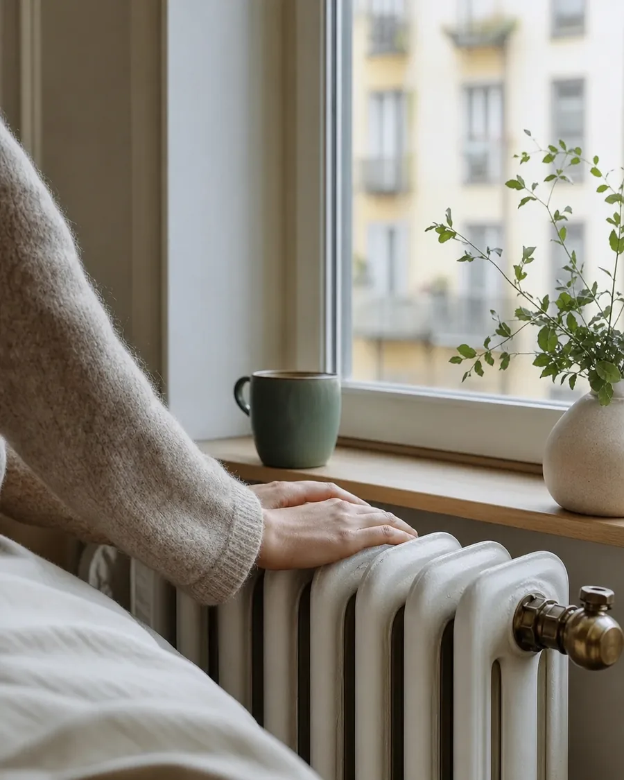 Mani che si scaldano su un vecchio termosifone in ghisa sotto la finestra