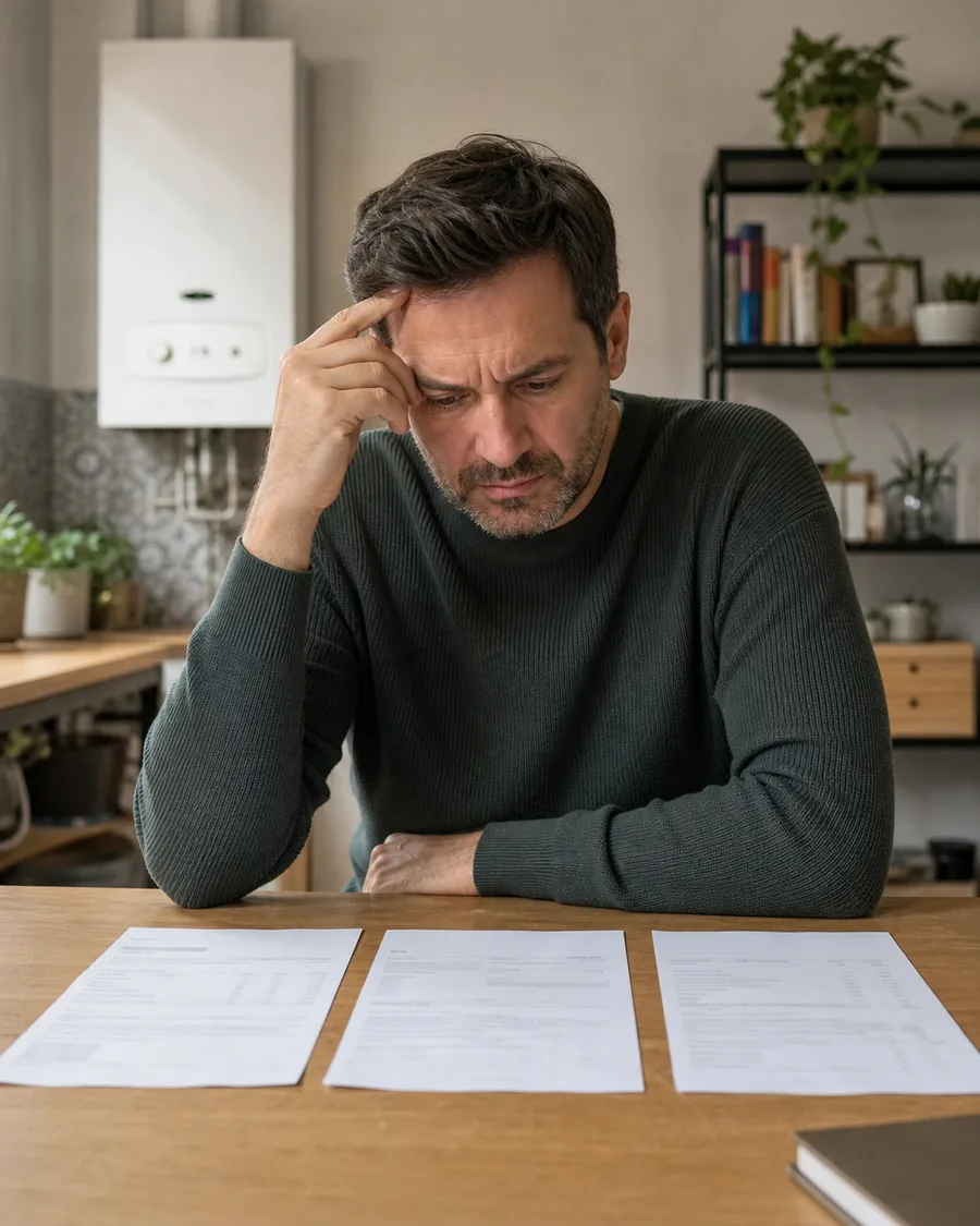 Uomo al tavolo di cucina davanti a tre preventivi diversi, indeciso su chi fidarsi